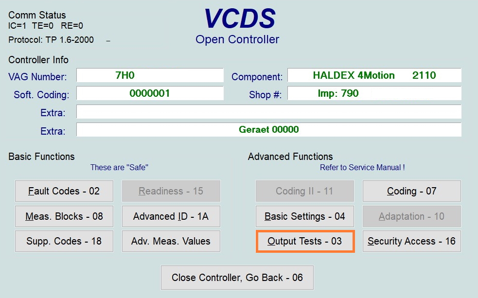 Testing of the pump and Haldex valve (2nd–4th generation)
